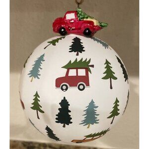 Red Pickup Truck Forest Trees HandBlown Ball‎ Glass Christmas Ornament NEW